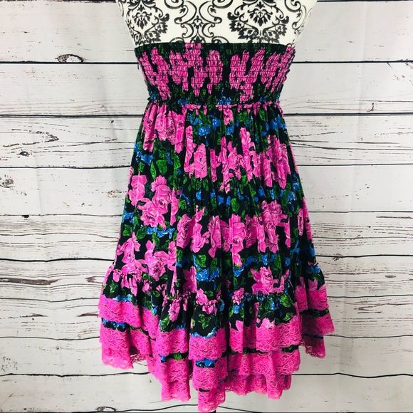 Betsey Johnson 100% Silk Floral Rose Strapless Babydoll Dress Lace Size 4 - Picture 6 of 13